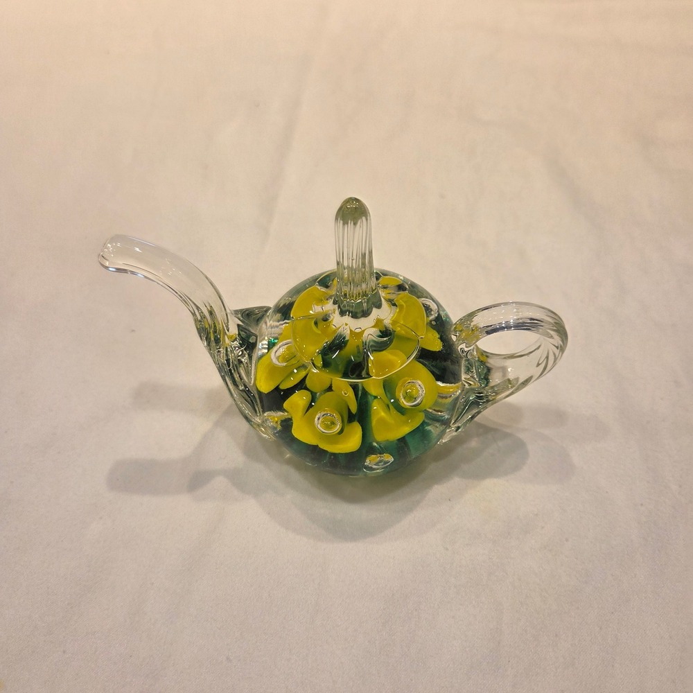 Joe Rice St Clair Art Glass Miniature Teapot Paperweight Yellow Flower Signed